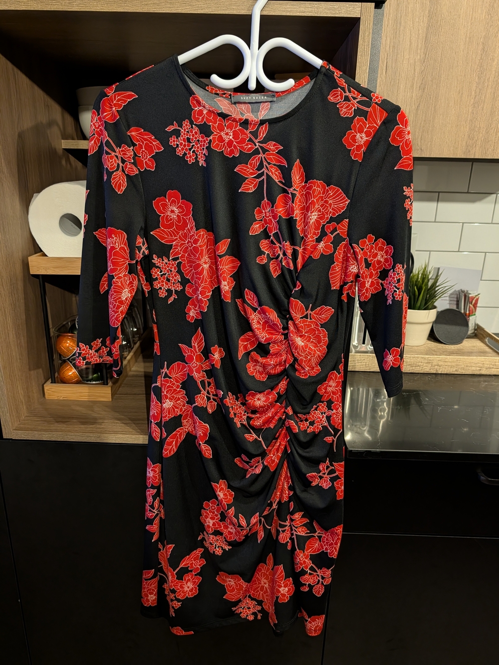 Suzy Shier Black Midi Dress with Red Floral Print